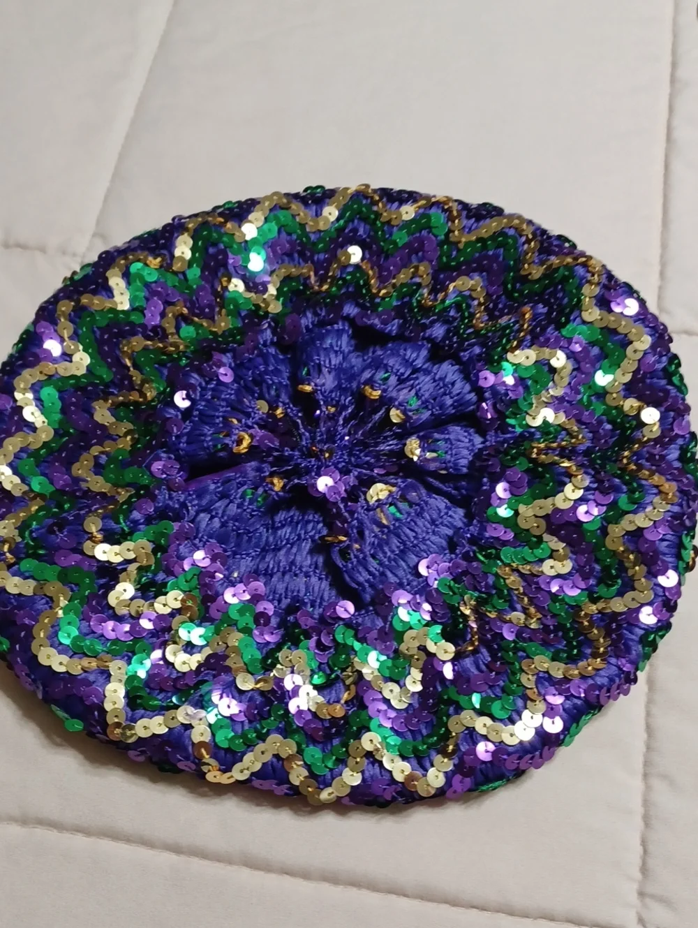 Sequin Zigzag Beret in Purple, Green & Gold